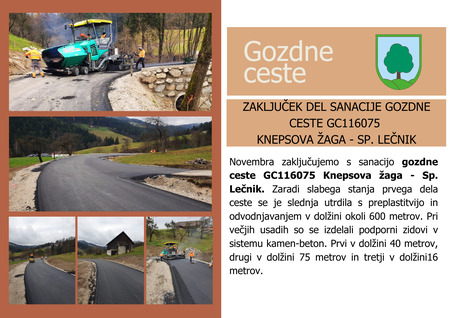 Napredek del na gozdni cesti GC 116075 Knepsova žaga - Sp. Lečnik